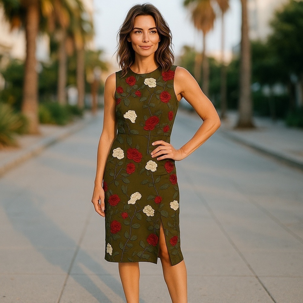 Vintage Green Embroidered Rose Floral Midi Dress | Bodycon Classy Quiet Luxury
